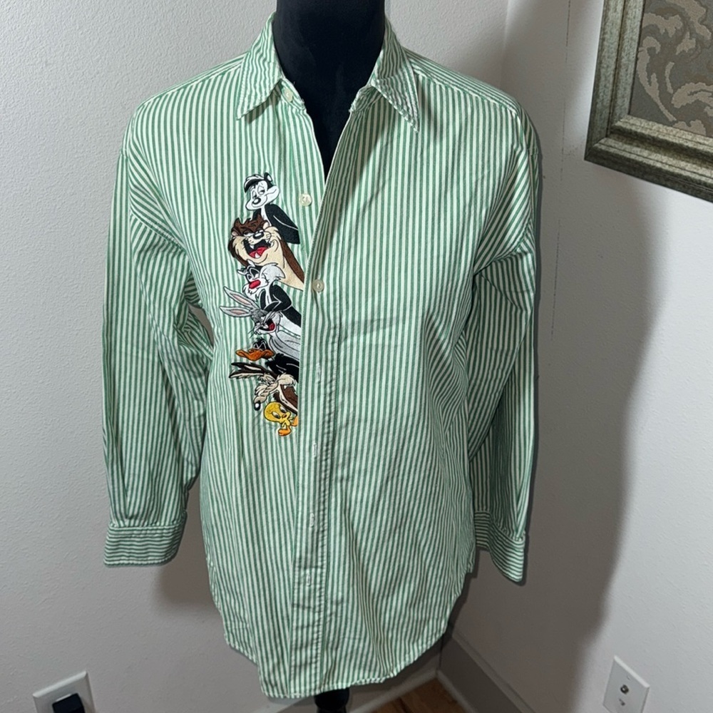 Warner Bros WB Looney Tunes Vintage 1995 green ivory stripe button down shirt S